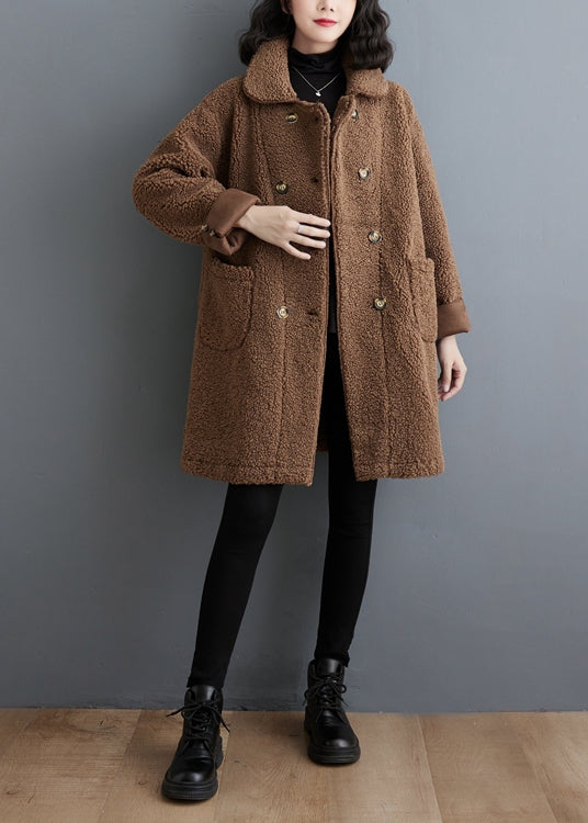 Chocolate Double Breast Thick Faux Fur Trench Winter