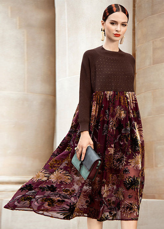 Chocolate O-neck Wrinkled Print Patchwork Knit Sweater Dress Fall