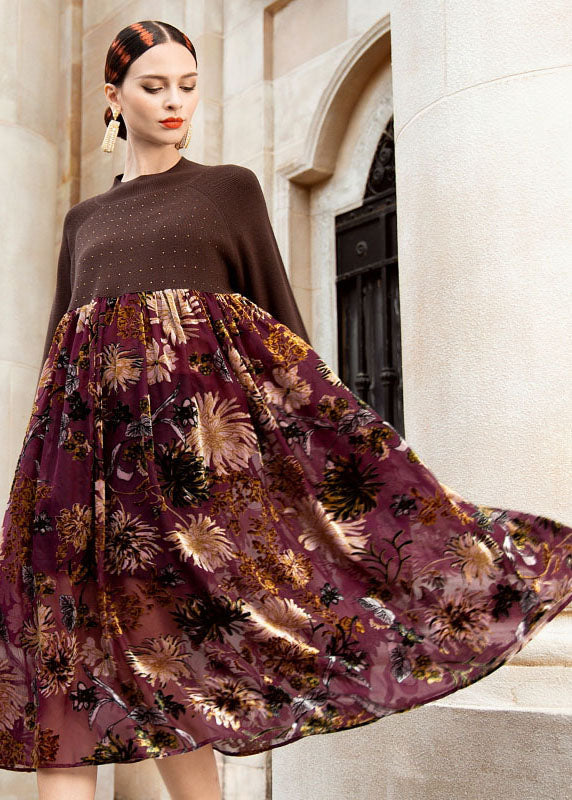 Chocolate O-neck Wrinkled Print Patchwork Knit Sweater Dress Fall