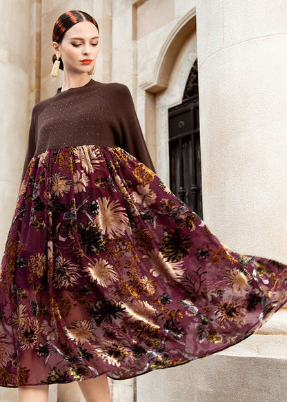 Chocolate O-neck Wrinkled Print Patchwork Knit Sweater Dress Fall