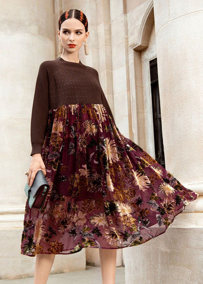 Chocolate O-neck Wrinkled Print Patchwork Knit Sweater Dress Fall