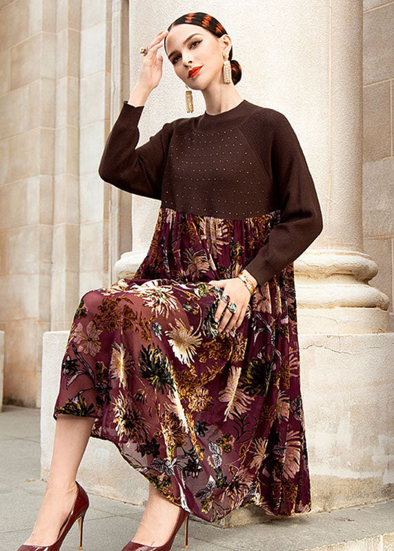 Chocolate O-neck Wrinkled Print Patchwork Knit Sweater Dress Fall