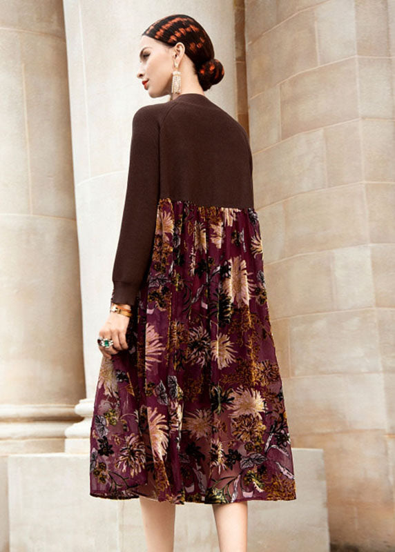 Chocolate O-neck Wrinkled Print Patchwork Knit Sweater Dress Fall