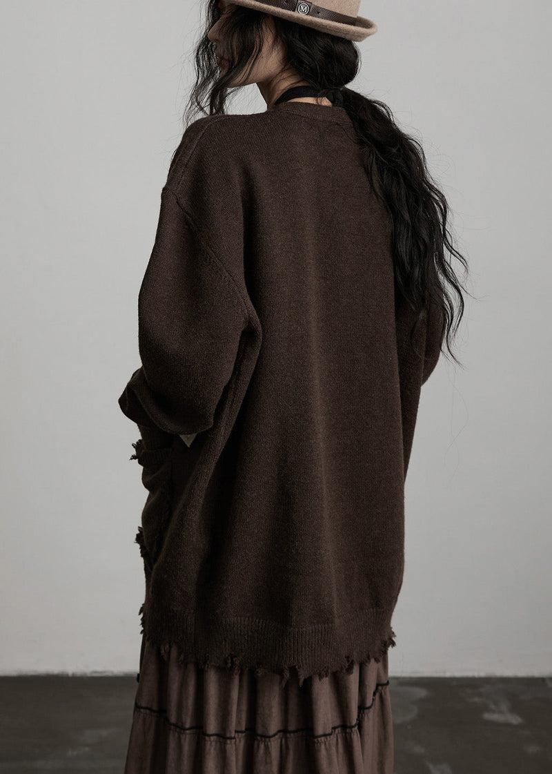 Chocolate Oversized Patchwork Applique Knit Cardigan Winter