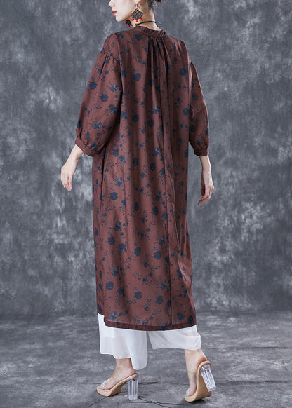 Chocolate Oversized Print Linen Maxi Dresses Bracelet Sleeve