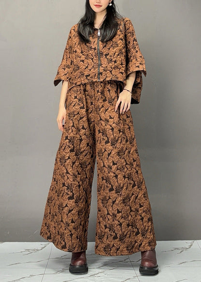 Chocolate Print Zippered Top and Wide Leg Pants Two Piece Set Spring
