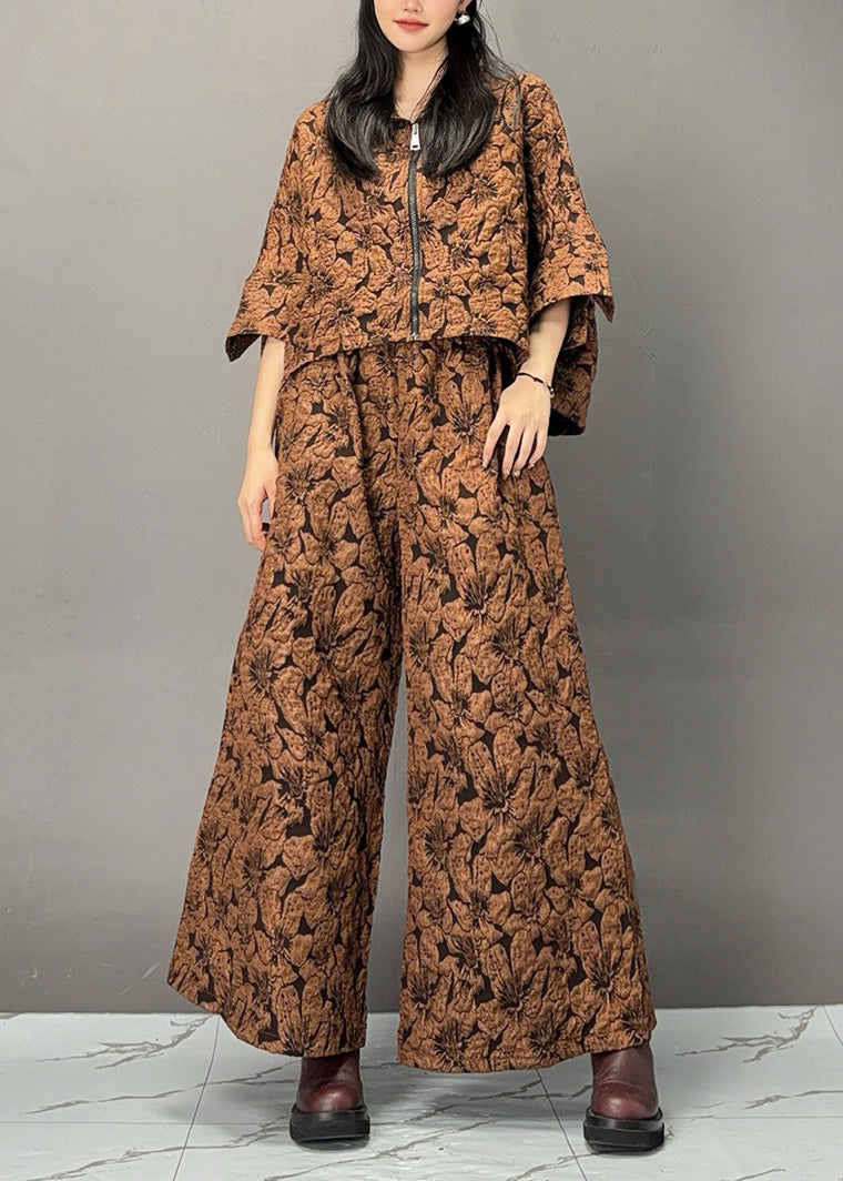 Chocolate Print Zippered Top and Wide Leg Pants Two Piece Set Spring