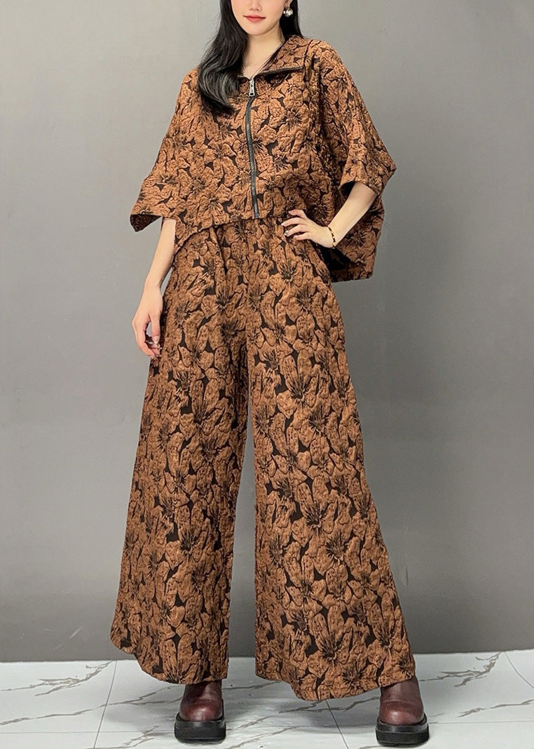 Chocolate Print Zippered Top and Wide Leg Pants Two Piece Set Spring