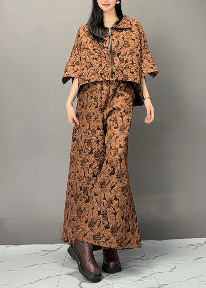 Chocolate Print Zippered Top and Wide Leg Pants Two Piece Set Spring