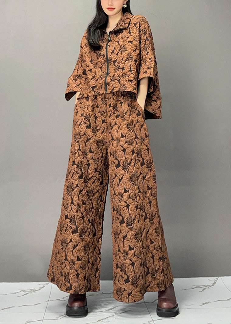 Chocolate Print Zippered Top and Wide Leg Pants Two Piece Set Spring