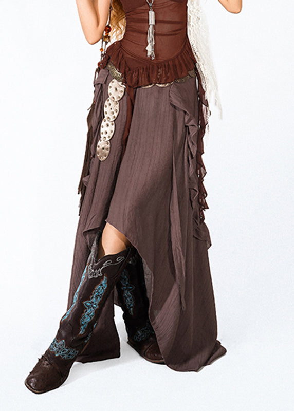 Chocolate Ruffled Patchwork a Line Skirt Summer