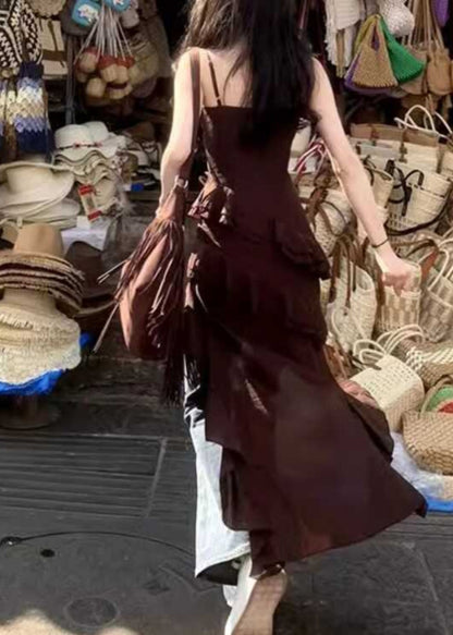 Chocolate V Neck Asymmetrical Ruffled Spaghetti Strap Dress Summer