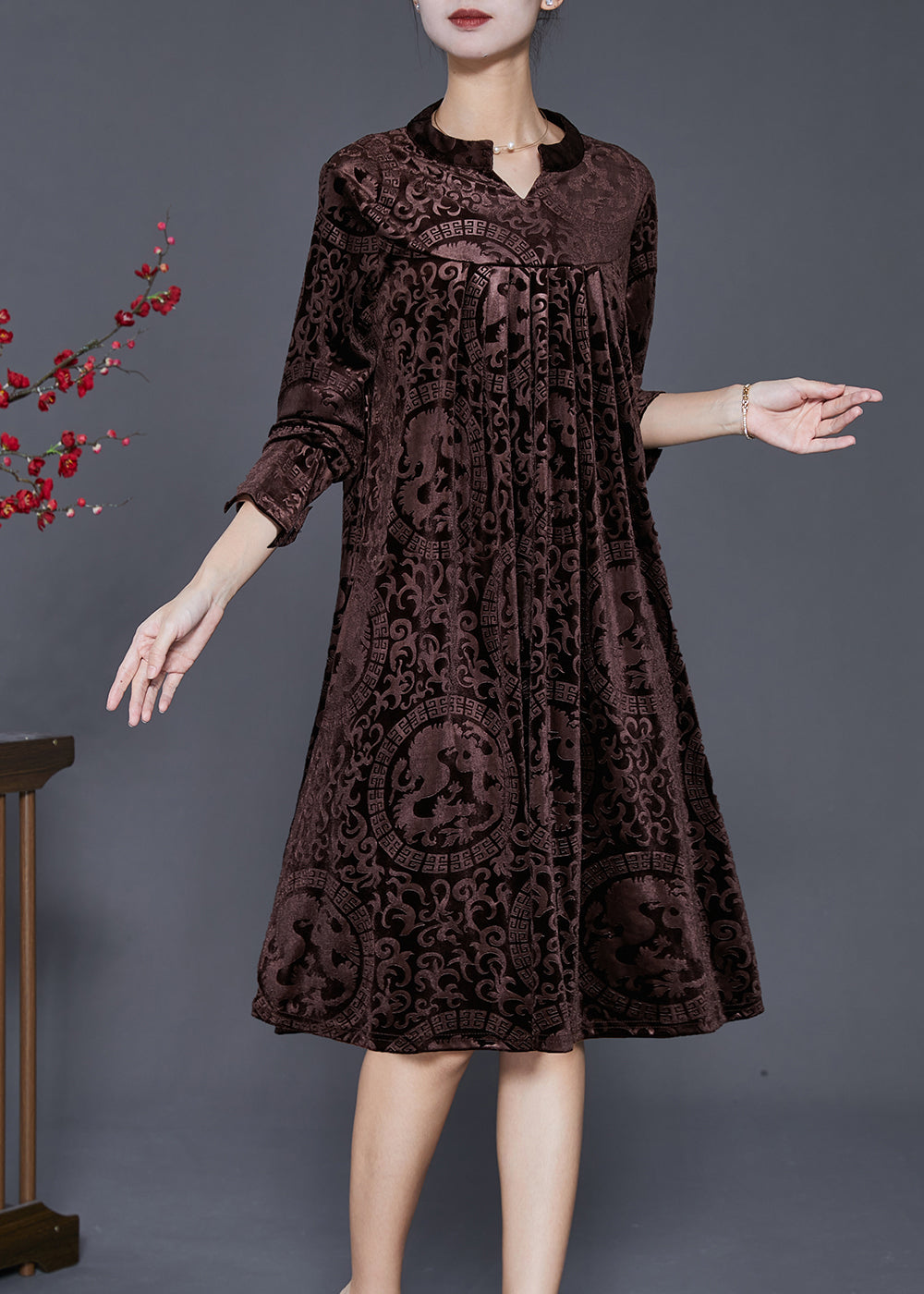 Chocolate V Neck Print Silk Velour Maxi Dresses Fall