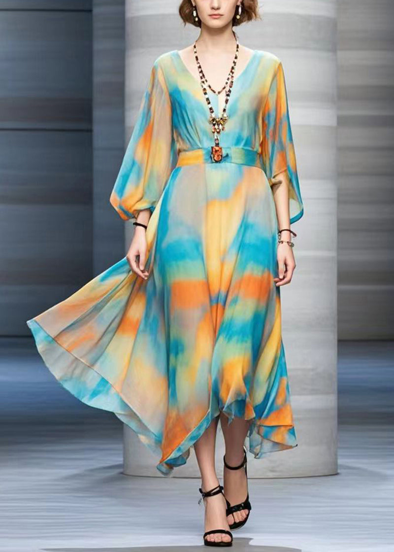 Cinched Tie Dye Chiffon Maxi Dresses Fall