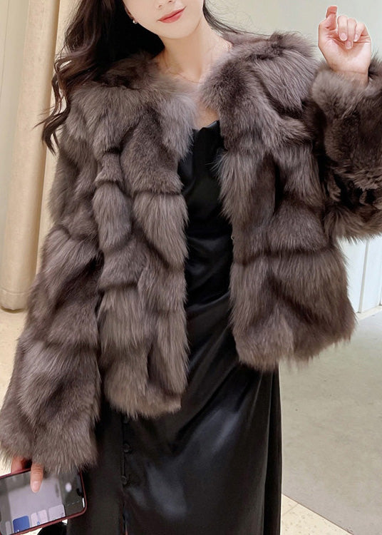 Cocoa Colour O-neck Fuzzy Fur Fluffy Leather and Fur Coats Winter