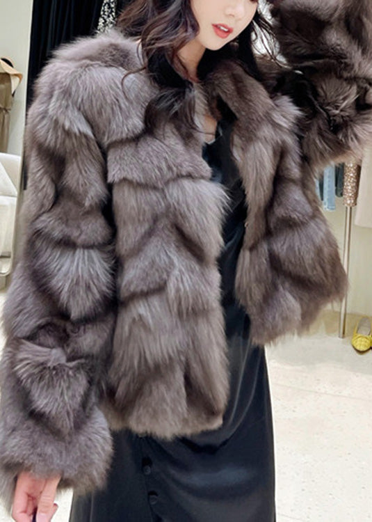 Cocoa Colour O-neck Fuzzy Fur Fluffy Leather and Fur Coats Winter
