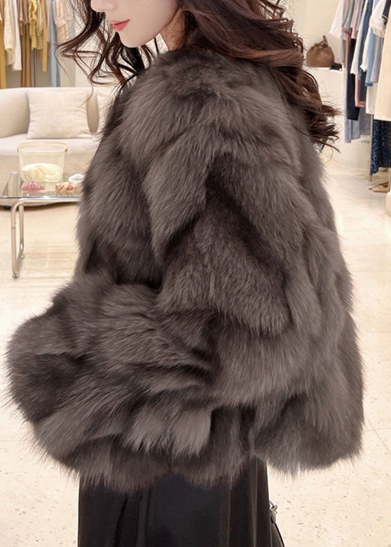Cocoa Colour O-neck Fuzzy Fur Fluffy Leather and Fur Coats Winter