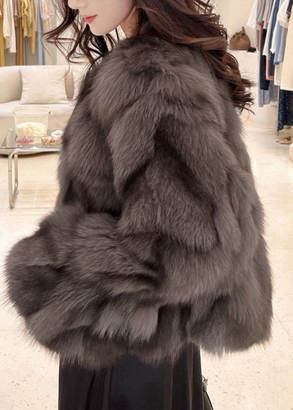 Cocoa Colour O-neck Fuzzy Fur Fluffy Leather and Fur Coats Winter