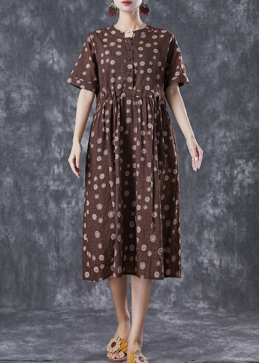 Coffee Cinched Daisy Linen Dresses Summer