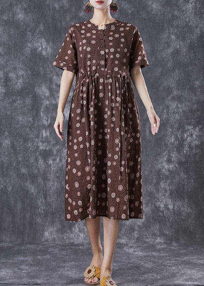 Coffee Cinched Daisy Linen Dresses Summer