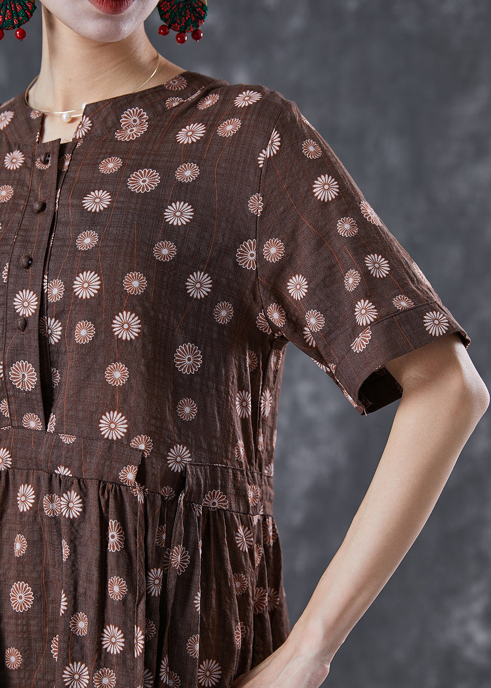 Coffee Cinched Daisy Linen Dresses Summer