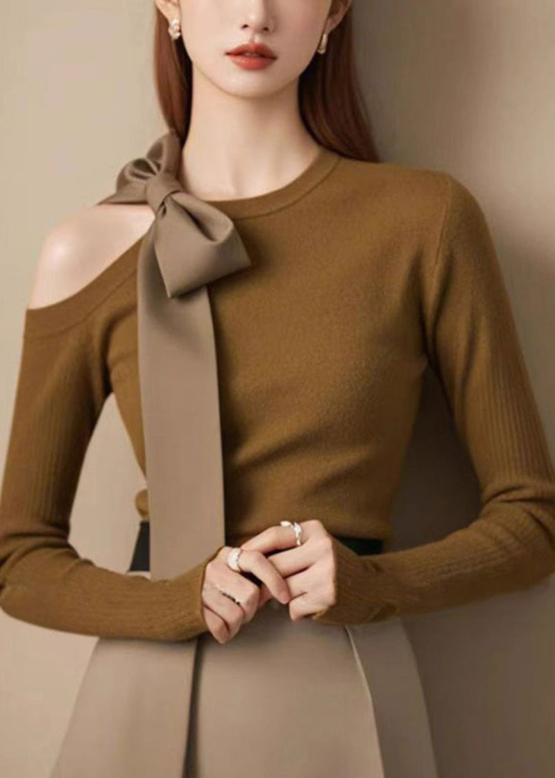 Coffee Cold Shoulder Bow Cotton Knitted Sweaters Winter