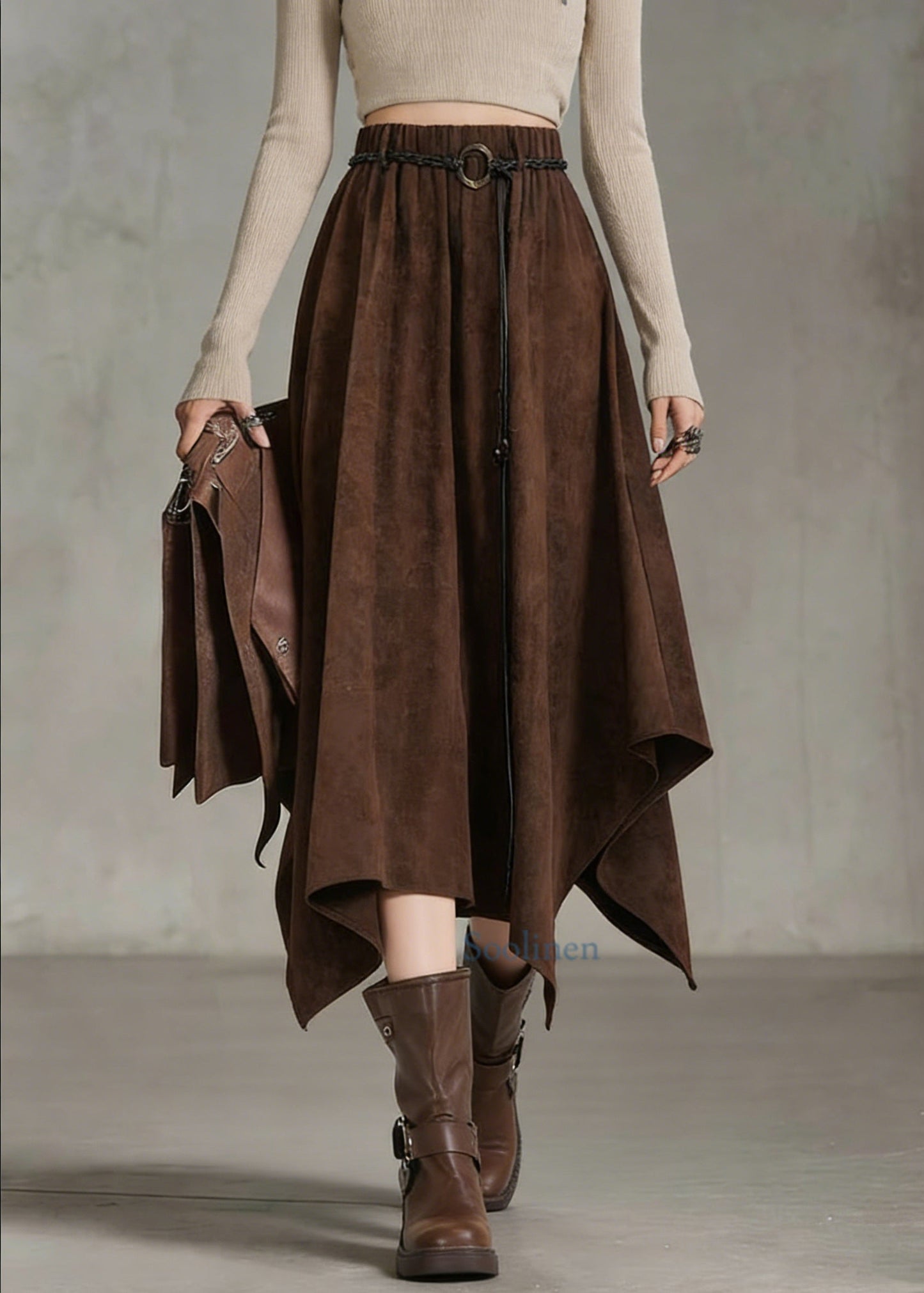 Coffee Elastic Waist Sashe Faux Suede a Line Skirts