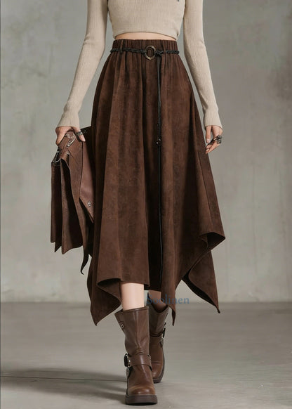 Coffee Elastic Waist Sashe Faux Suede a Line Skirts