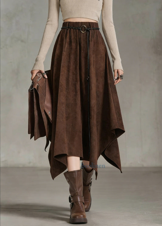 Coffee Elastic Waist Sashe Faux Suede a Line Skirts