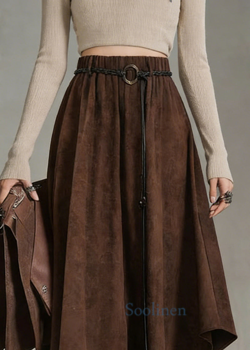 Coffee Elastic Waist Sashe Faux Suede a Line Skirts