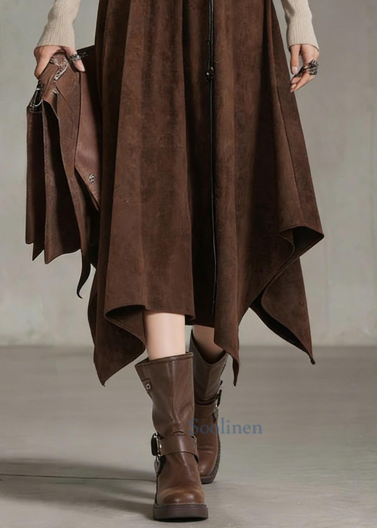 Coffee Elastic Waist Sashe Faux Suede a Line Skirts