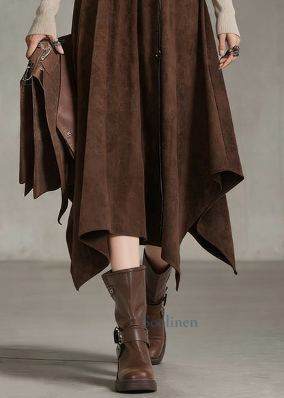 Coffee Elastic Waist Sashe Faux Suede a Line Skirts