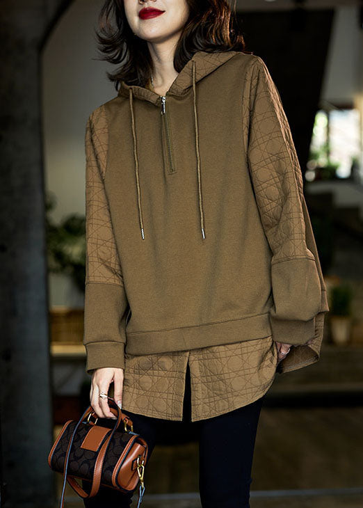 Chocolate Hooded Patchwork Cotton Fake Two Piece Sweatshirts Top Winter