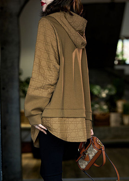 Chocolate Hooded Patchwork Cotton Fake Two Piece Sweatshirts Top Winter