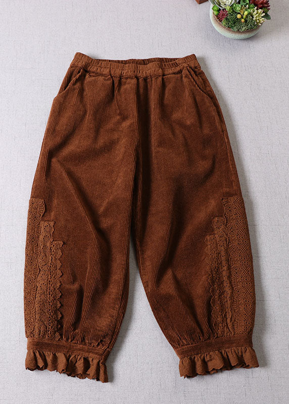 Chocolate Lace Patchwork Pockets Corduroy Pants Winter