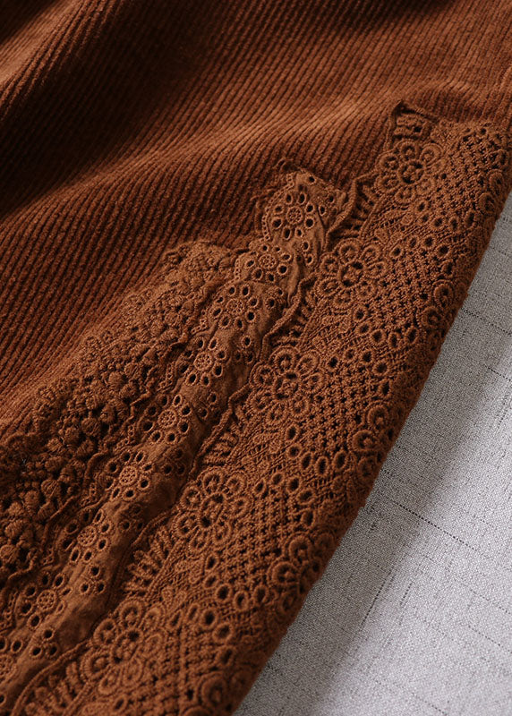 Chocolate Lace Patchwork Pockets Corduroy Pants Winter