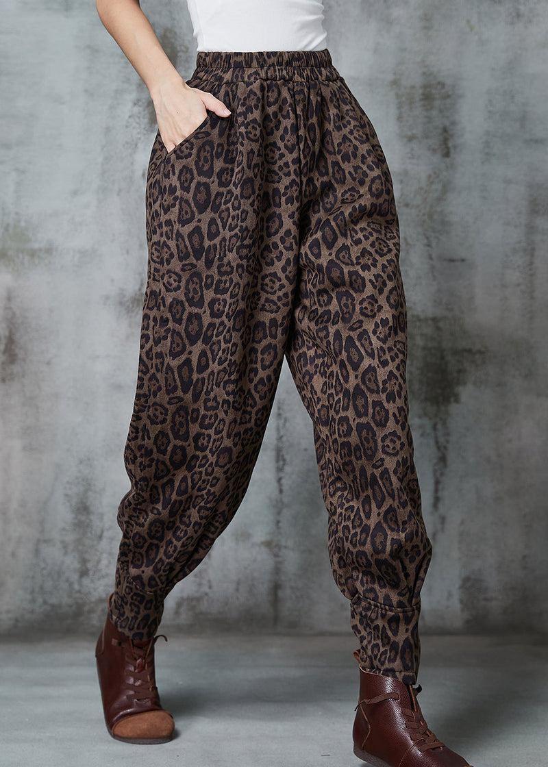 Coffee Leopard Print Faux Suede Harem Pants Spring