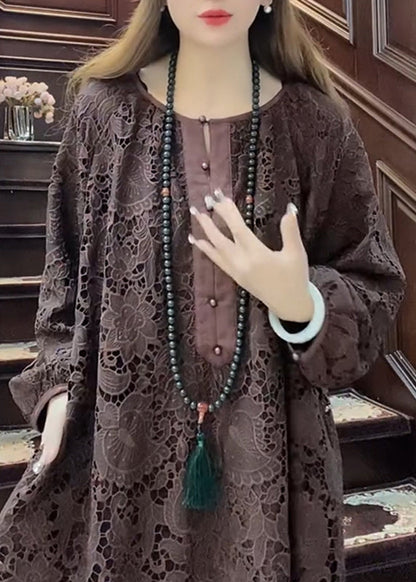 Coffee O-neck Hollow Out Lace Maxi Dress Long Sleeve