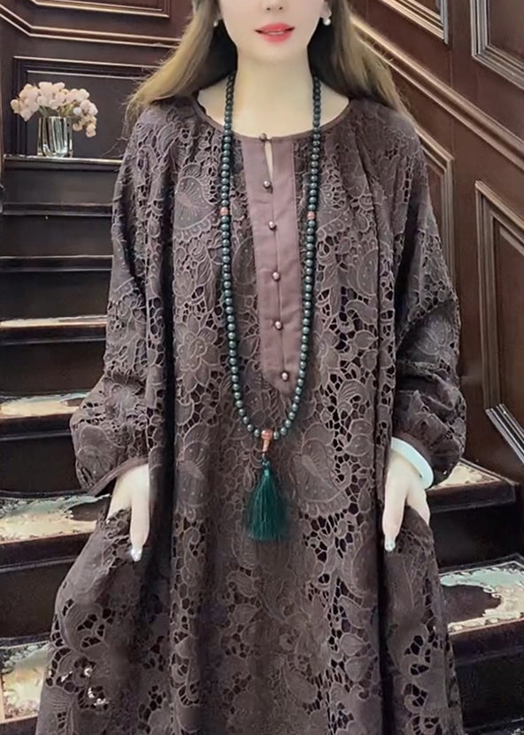 Coffee O-neck Hollow Out Lace Maxi Dress Long Sleeve