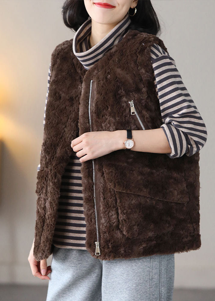 Coffee O-neck Pockets Warm Fuzzy Fur Fluffy Vest Spring
