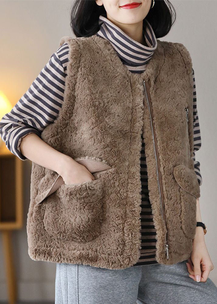 Coffee O-neck Pockets Warm Fuzzy Fur Fluffy Vest Spring