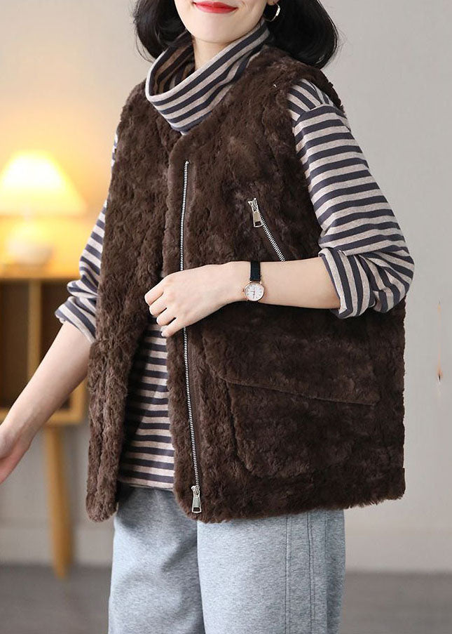 Coffee O-neck Pockets Warm Fuzzy Fur Fluffy Vest Spring