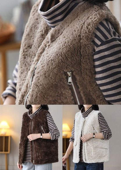 Coffee O-neck Pockets Warm Fuzzy Fur Fluffy Vest Spring