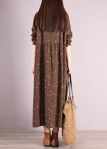 Coffee Peter Pan Collar Patchwork Cotton Dress Fall