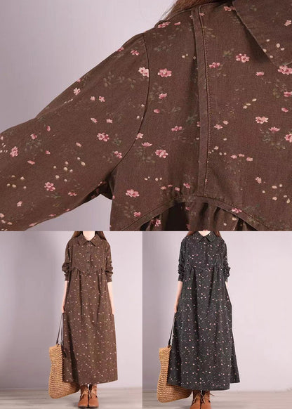 Coffee Peter Pan Collar Patchwork Cotton Dress Fall