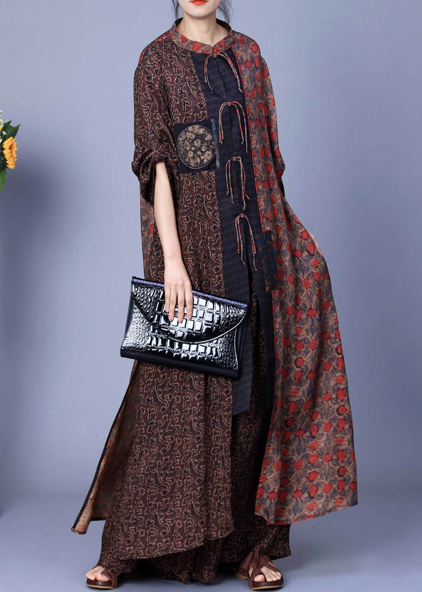 Coffee Print Tops and Wide Leg Pants Silk Two Pieces Set Spring