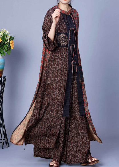 Coffee Print Tops and Wide Leg Pants Silk Two Pieces Set Spring