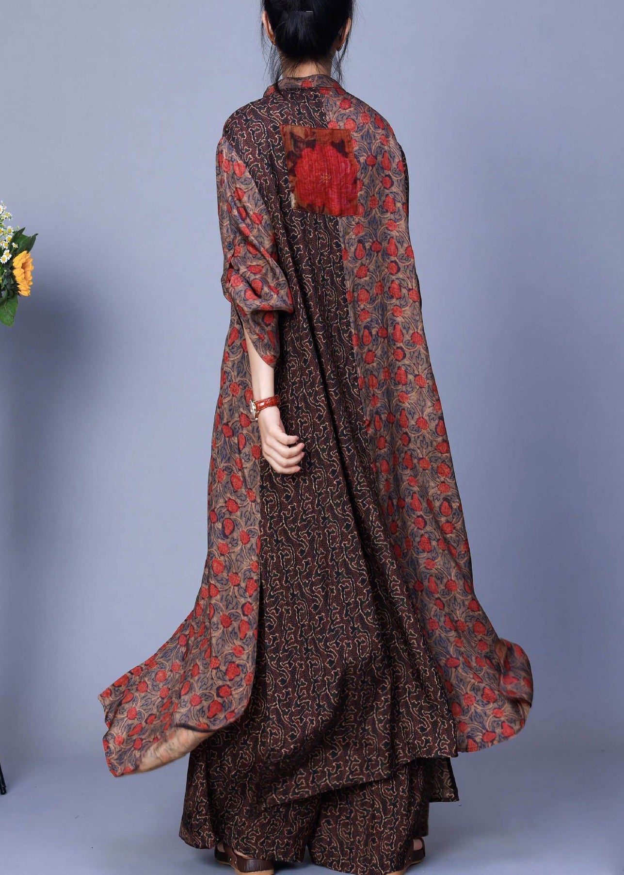 Coffee Print Tops and Wide Leg Pants Silk Two Pieces Set Spring