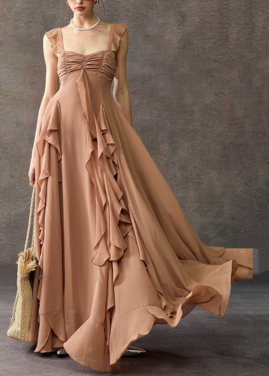 Coffee Square Collar Ruffled Cotton Long Dress Summer