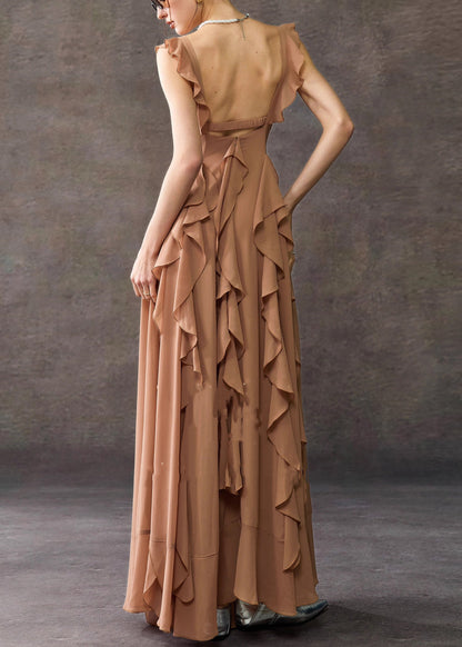 Coffee Square Collar Ruffled Cotton Long Dress Summer